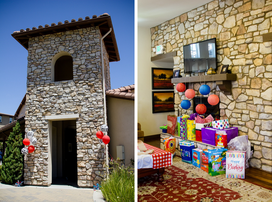 Left: Sunny day for a birthday party; Right: Gift corner