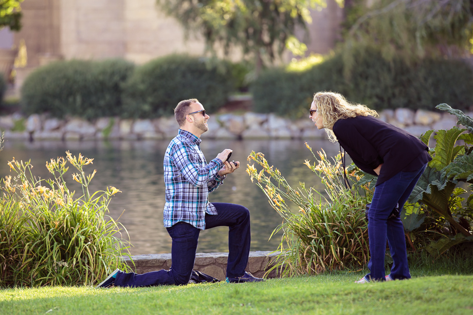 emotional moment of the surprise marriage proposal at the San Francisco Palace of Fine Arts