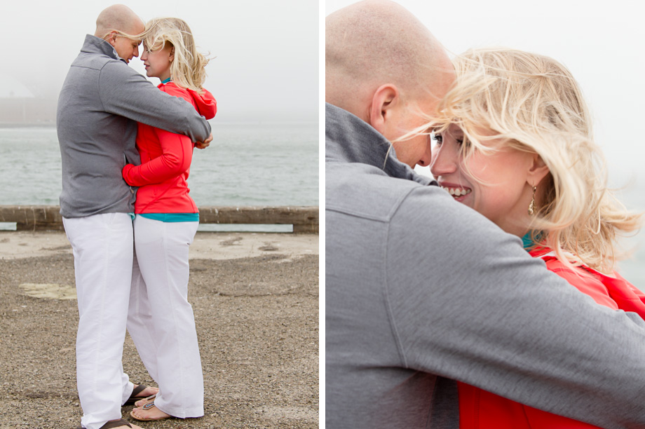 Anniversary photos in front of a foggy Golden Gate Bridge in San Francisco