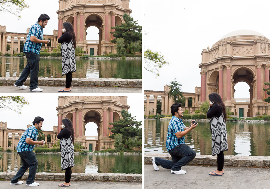 Sequence of photos showing groom-to-be getting down on his knees and proposing in front of the Palace of Fine Arts