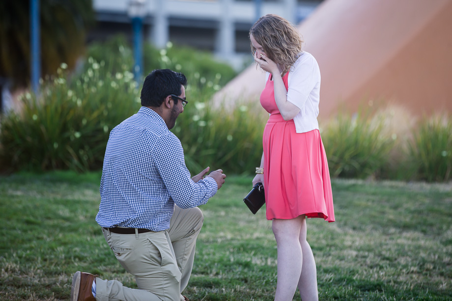 On his knees on the grass in front of Cupids Span surprising her with a surprise marriage proposal
