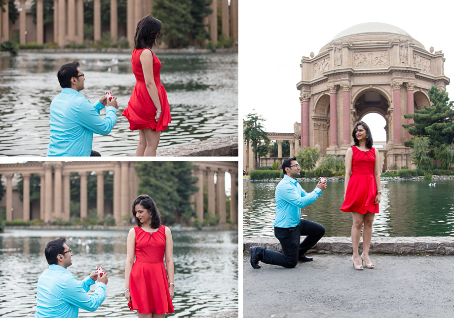 Anu turning around and confused to see Dhanesh on his knees proposing in front of the Palace of Fine Arts