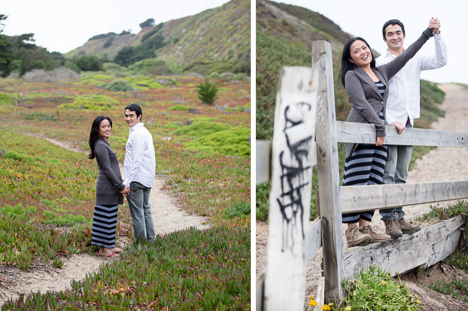 Cute couple at Thornton Beach hiking trail and fence