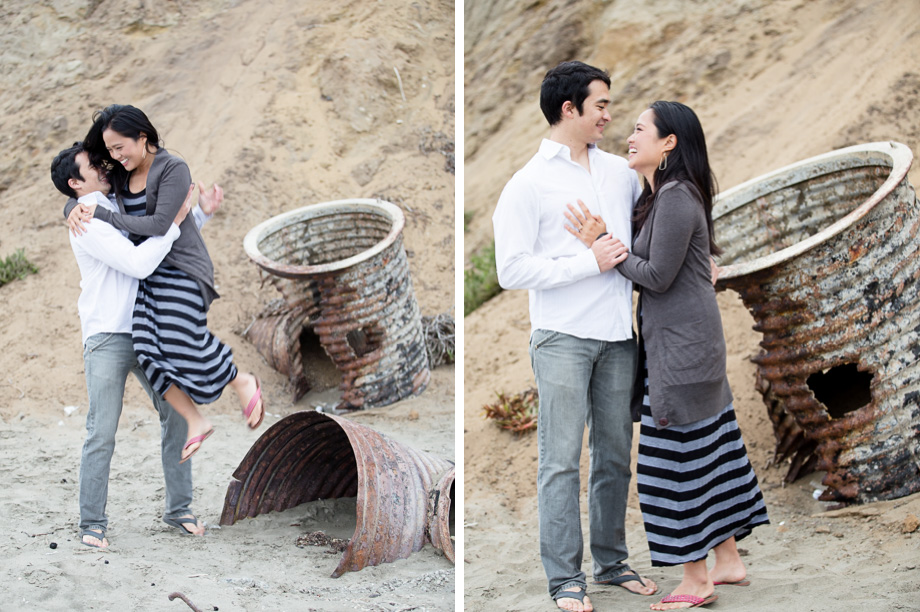 Photos of Van and Matt in front of some old rusty pipes at Thornton Beach