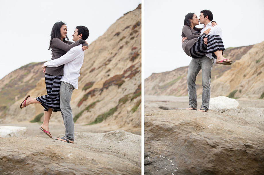 Dancing on the rocks at Thornton Beach during engagement photo session