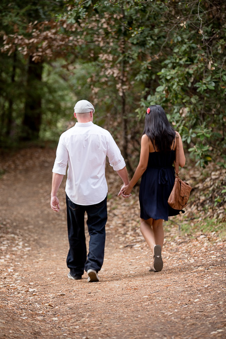 Engagement photo on hiking trail at Huddart Park in Woodside