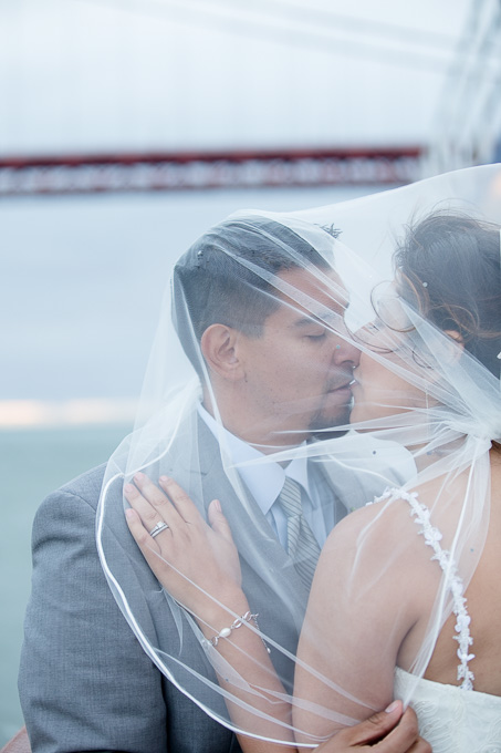 Bride and groom kissing under veil in front of the Golden Gate Bridge