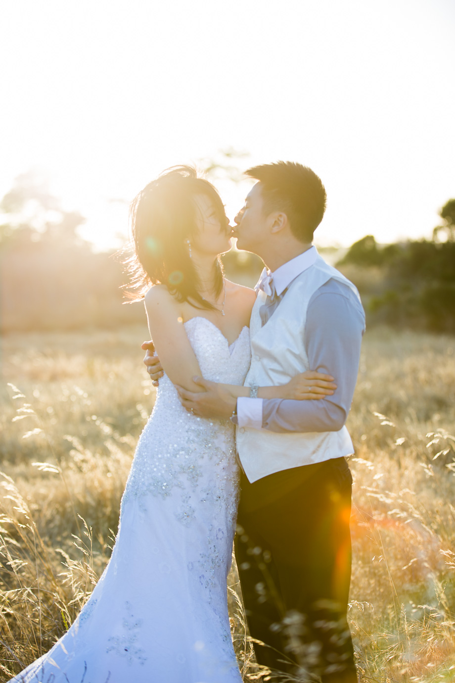 soft romantic portrait of the couple kissing in a grassy field with warm sun flare shining on them