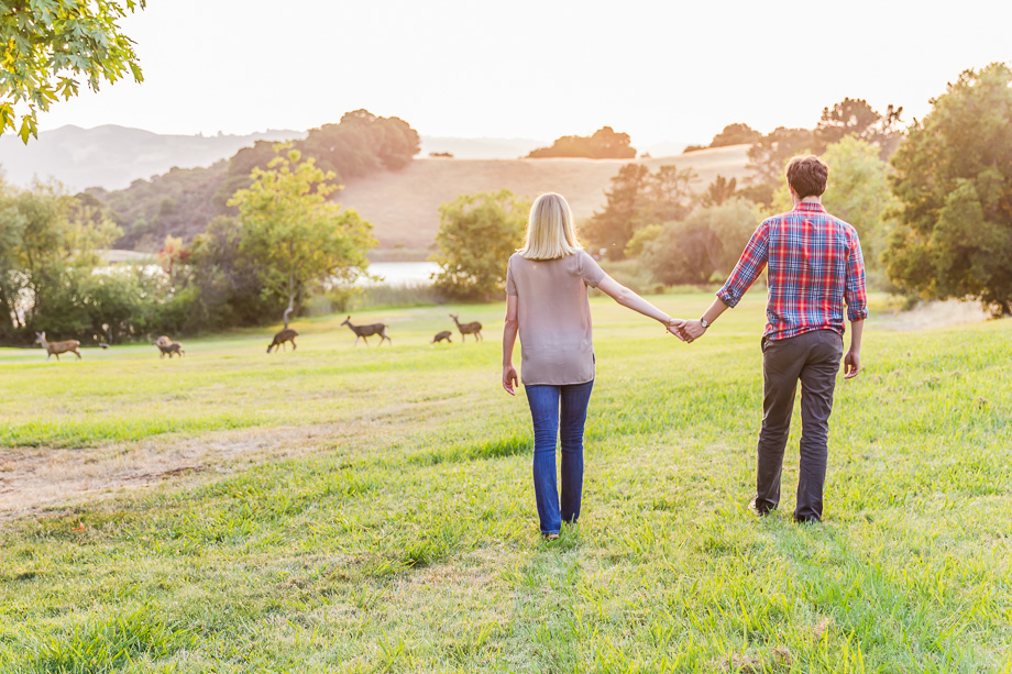 Romantic sunset photo of couple holding hands walking towards group of deer