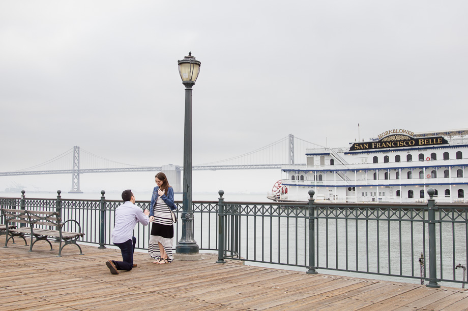 Casey proposed to Elisse at Pier 7 in front of San Francisco Belle and the Bay bridge