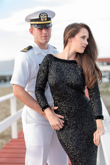 Romantic posed couple portrait at Crissy Field of Navy officer and his fiancee