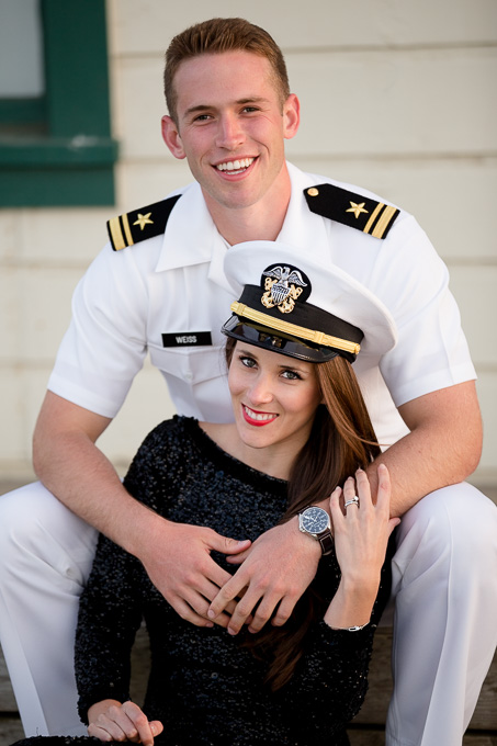 Engagement photo of Aubrianna wearing Daniels United States Navy officer hat