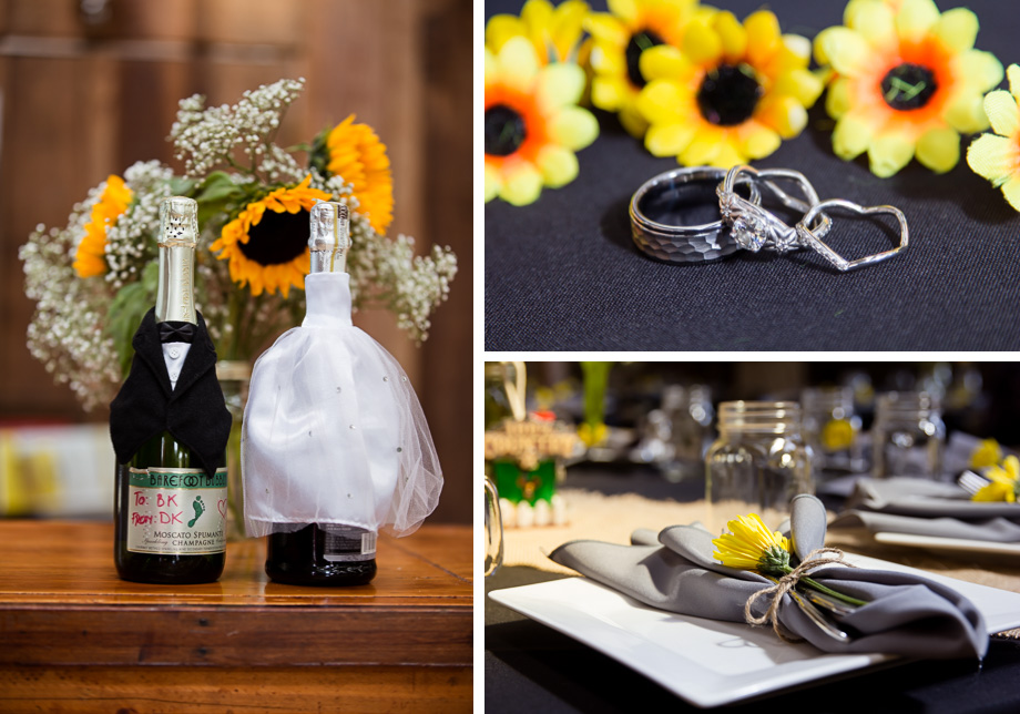 Wedding details: champagne glasses dressed up as bride and groom, wedding rings, and table settings