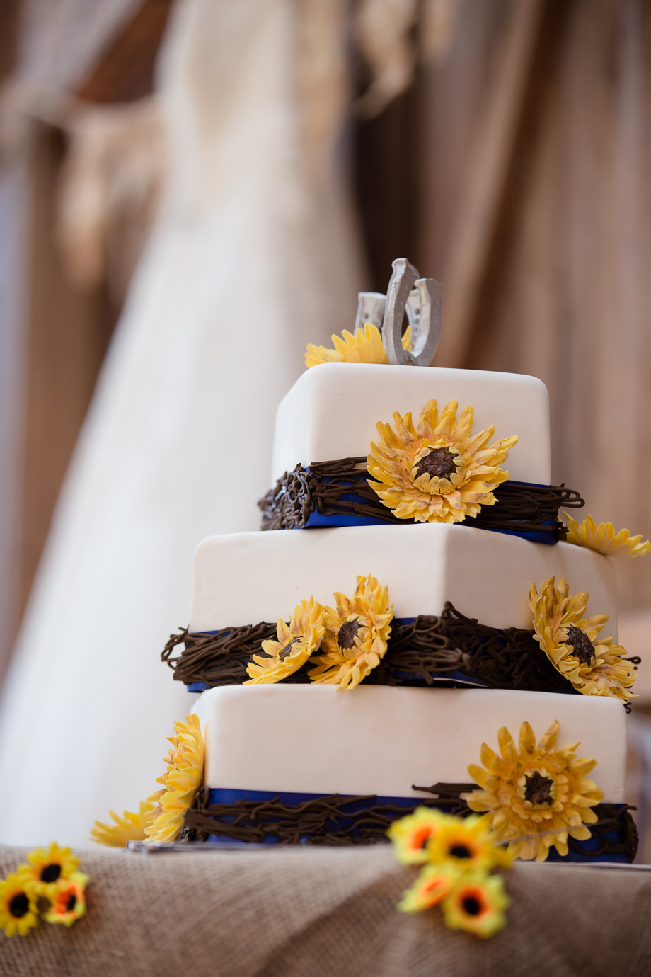 Wedding cake with flowers and horseshoe topper and wedding gown hanging in background