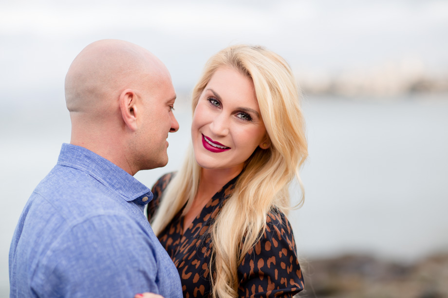 Cameras love bold red lips and makeup - bright and clean engagement photo taken in San Francisco