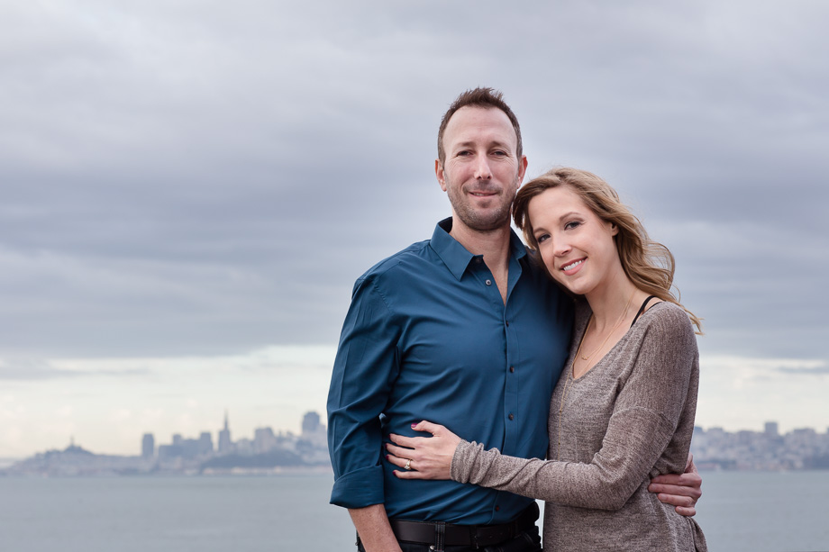 couple portrait at the San Francisco Bay with the SF skyline as a backdrop