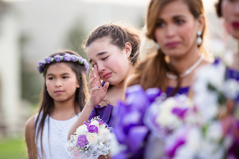 Emotional junior bridesmaid cried at couples vows at the Boundary Oak Golf Club