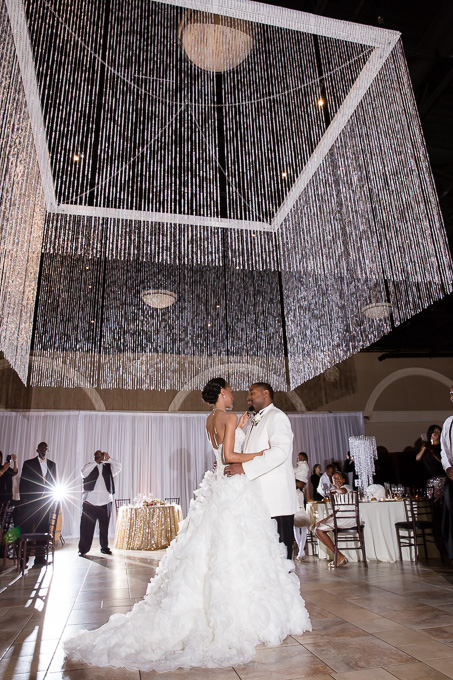 Casa Real at Ruby Hill Winery Wedding - couples first dance under the glamrous grand chandelier