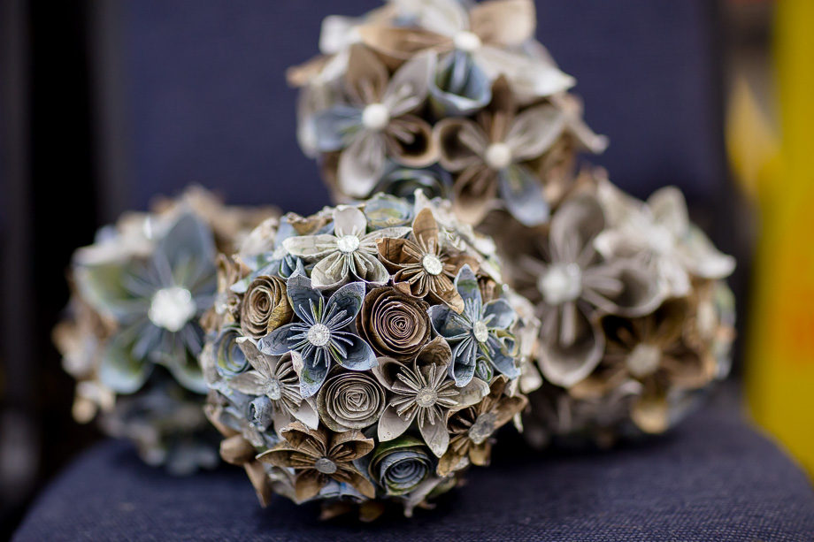 DIY origami bouquet handmade by the bride - navy and grey