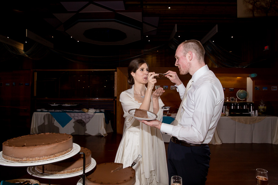 newlywed cutting their wedding cheesecakes