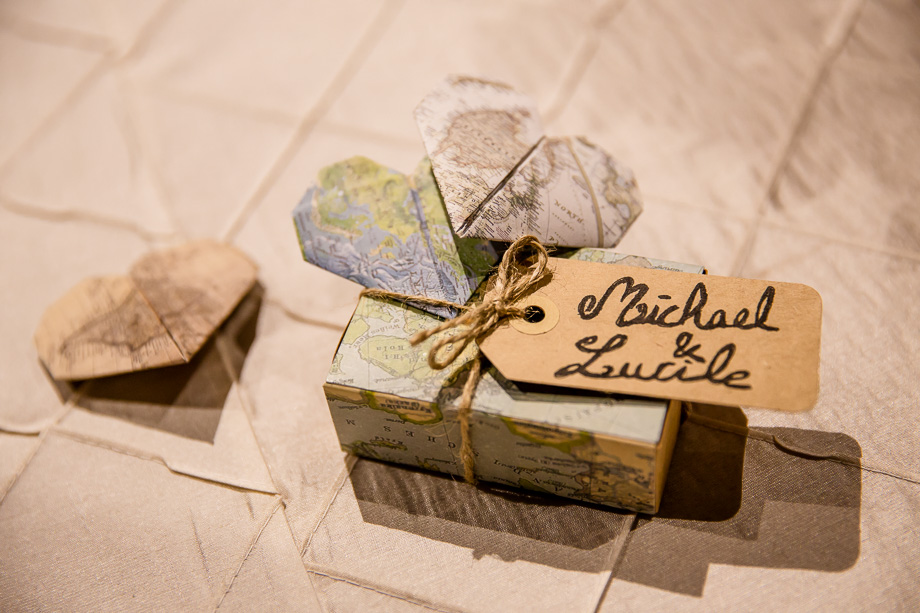 Travel themed guest favors handmade by the bride