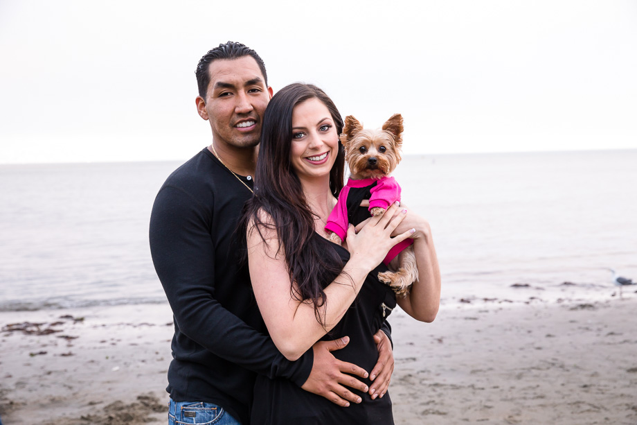 cute engagement photo with yorkie puppy - a family of three