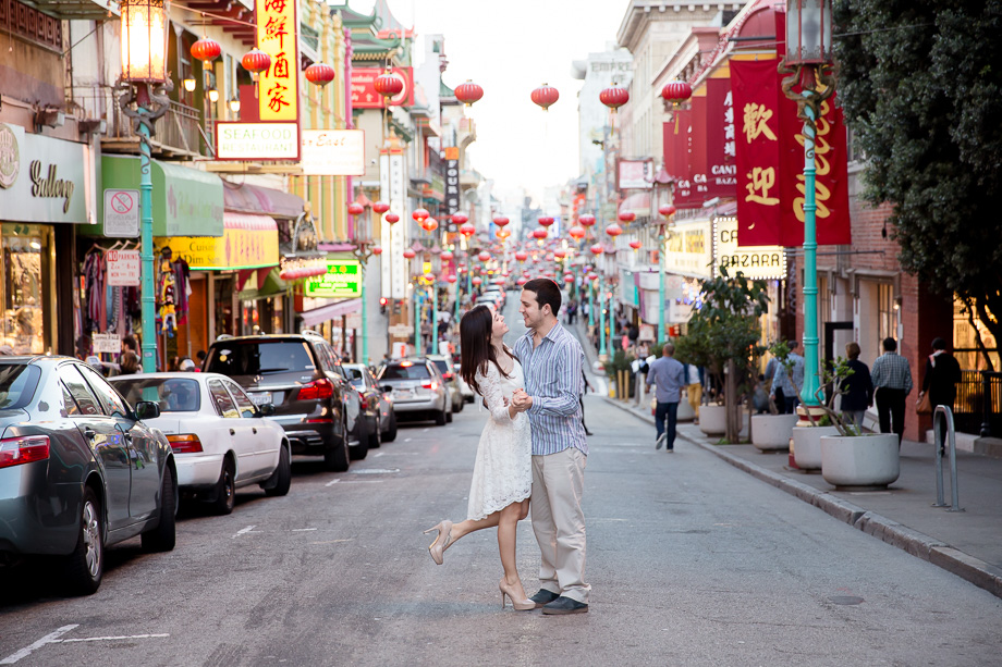 sweet engagement photo in San Francisco Chinatown