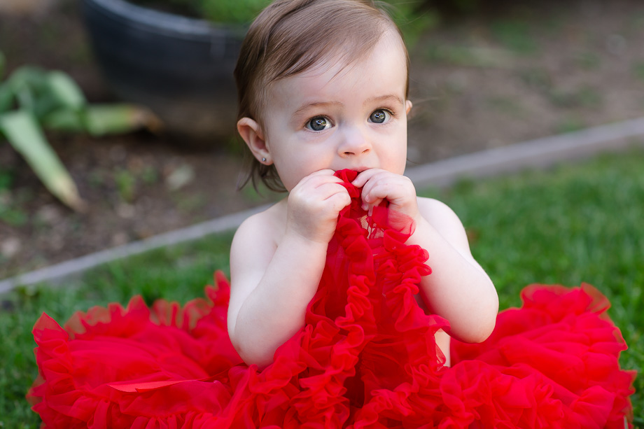 one year old in a red tutu