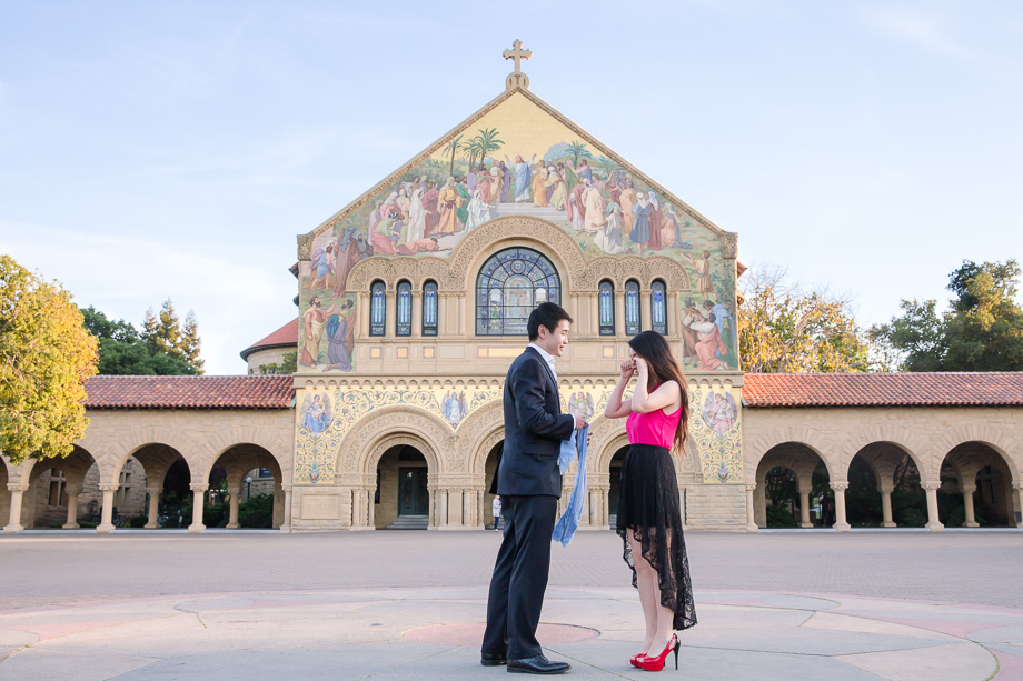 getting ready for surprise marriage proposal in front of Stanford Memorial Church