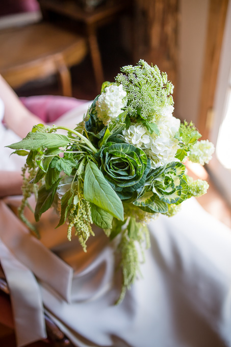 a unique DIY white and green bouquet