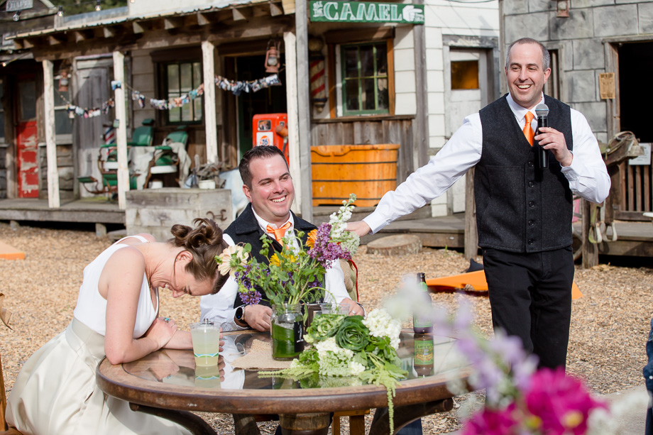 groomsman giving a funny speech - wedding at long branch saloon and farms, half moon bay