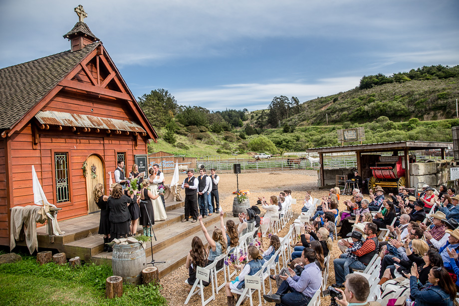 beautiful rustic barn wedding ceremony outside long branch chapel, half moon bay
