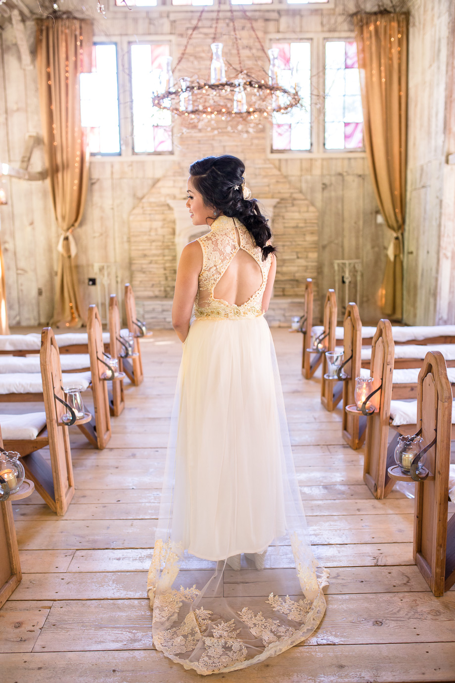 wedding at Union Hill Inn chapel - beautiful wedding dress with a lace train with Vietnamese gold accents, designed by bride herself