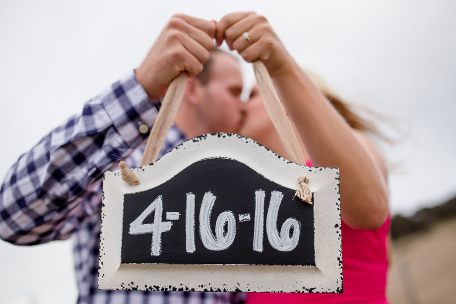 san francisco beach engagement photo - custom save-the-date wooden sign