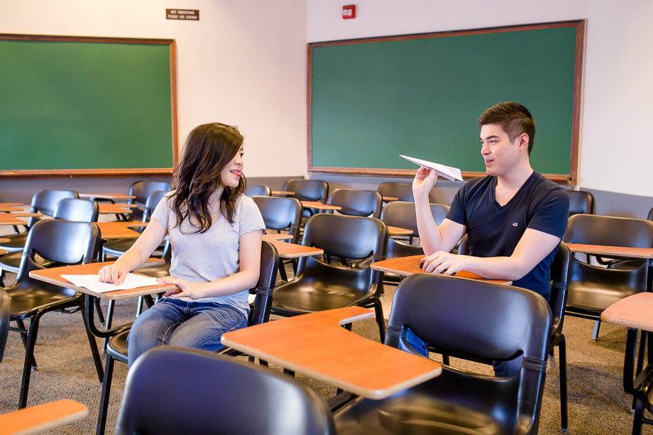 Foothill College Couple Engagement Photo in a classroom