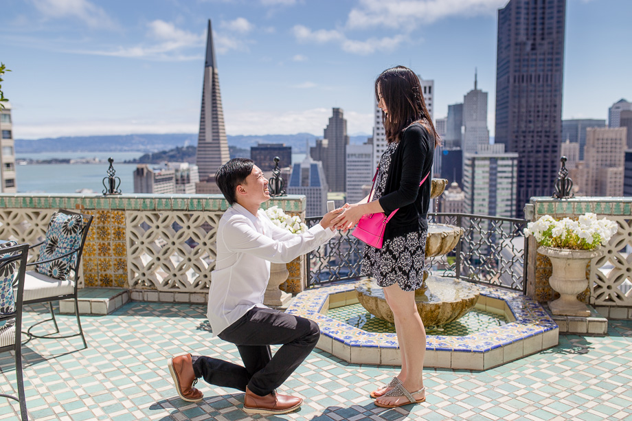 romantic fairmont san francisco rooftop proposal overlooking SF city skyline