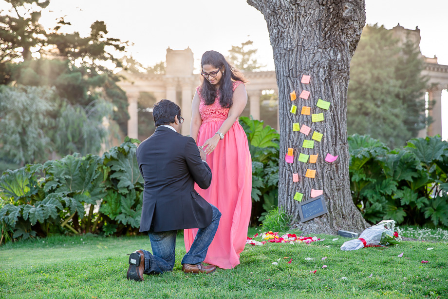 surprise proposal photo at Palace of Fine Arts