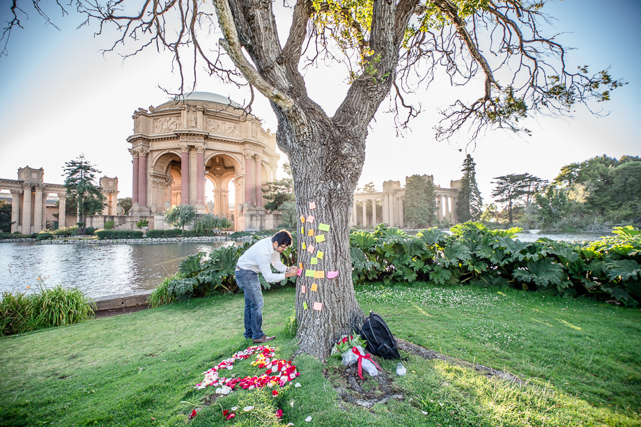 groom-to-be seting up the surprise proposal scene at Palace of Fine Arts