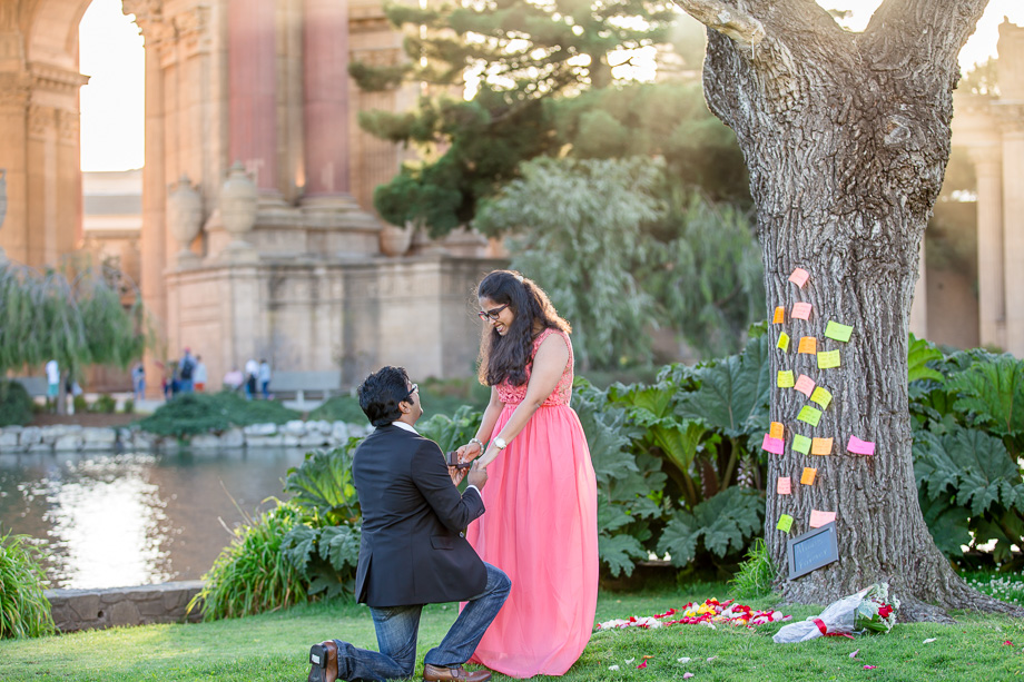surprise engagement photo at Palace of Fine Arts
