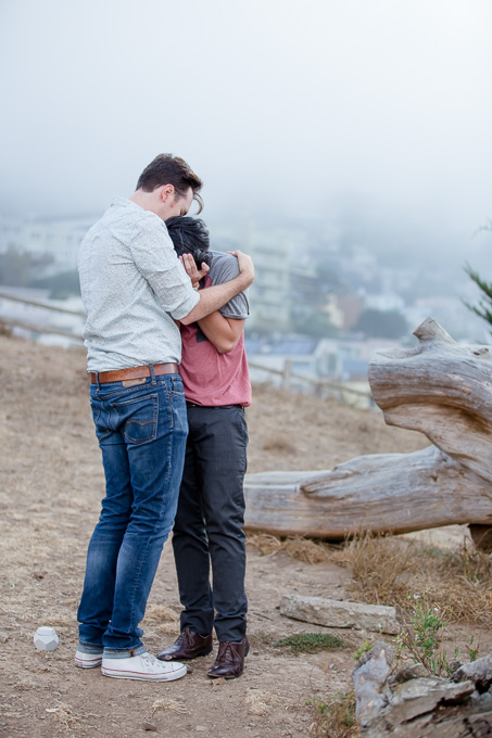 romantic foggy photo of couple hugging at Kite Hill
