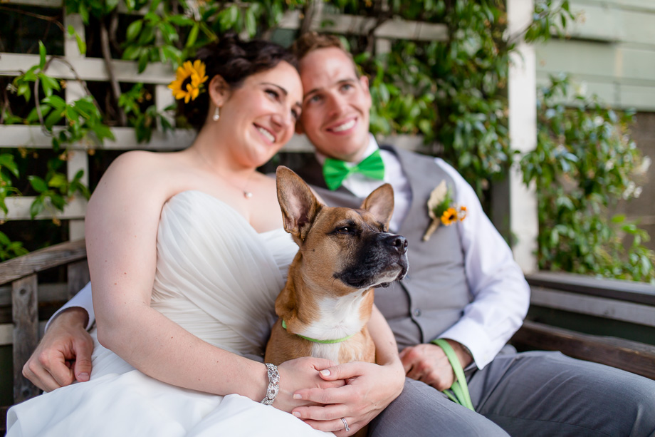 newlyweds with their puppy at the Falkirk Mansion garden - San Rafael Falkirk Cultural Center