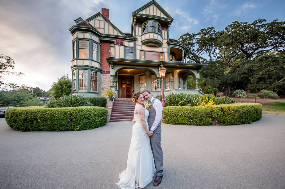 newlyweds standing in front of Falkirk Mansion - San Rafael Falkirk Cultural Center