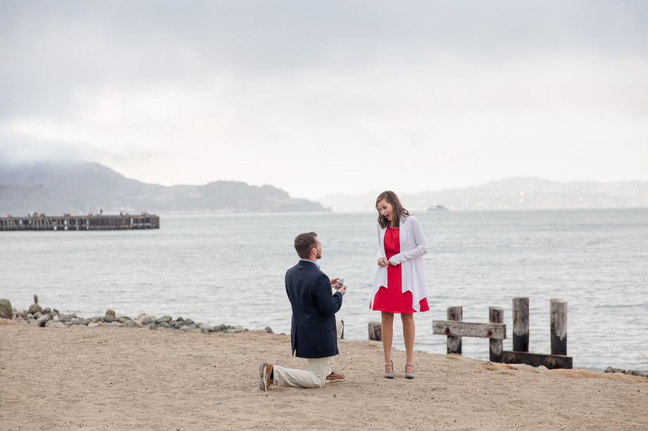 she turned around and saw him kneeling down - a sweet surprise proposal at Crissy Field