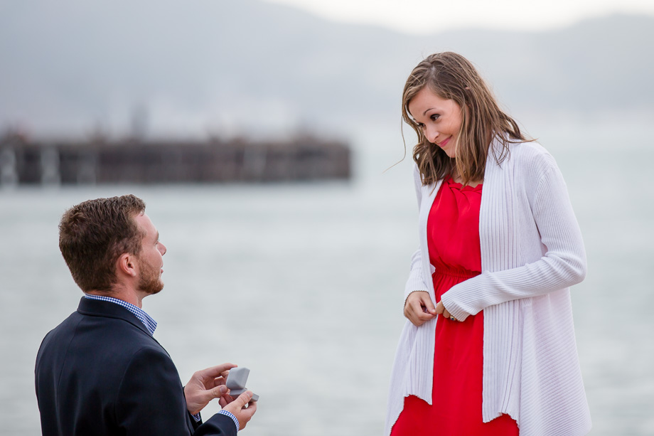 Romantic San Francisco proposal - a surprise marriage proposal at Crissy Field in front of the Golden Gate Bridge