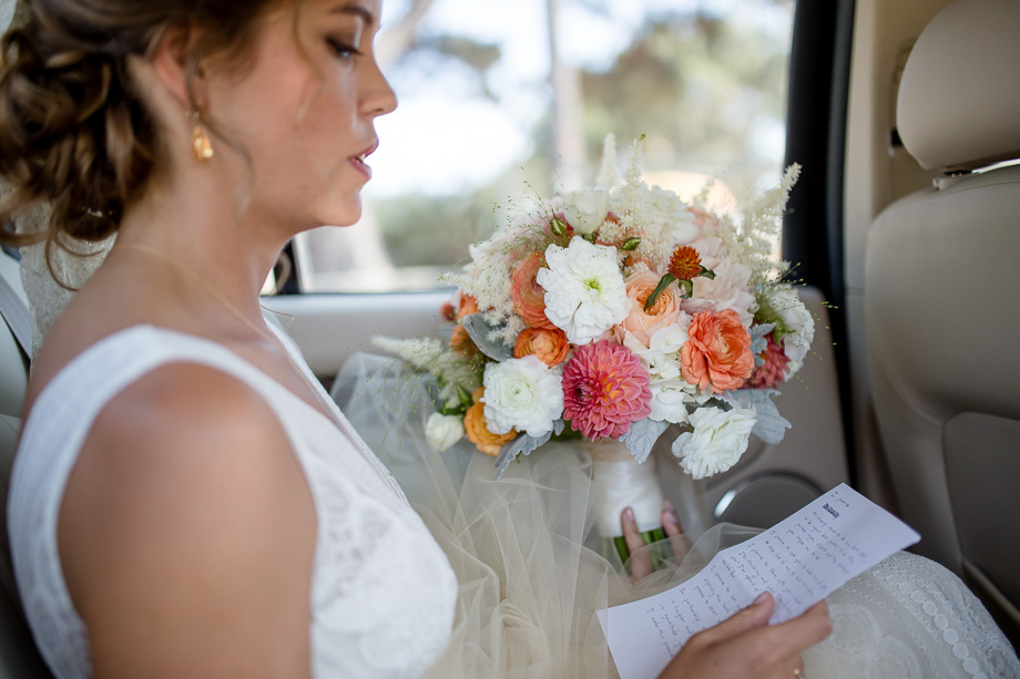 bride practicing her wedding vows in the car before ceremony - Bay Area Point Reyes Station wedding