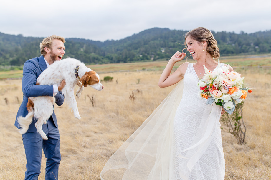 bride surprised by her groom and puppy - Bay Area photojournalistic wedding photographer