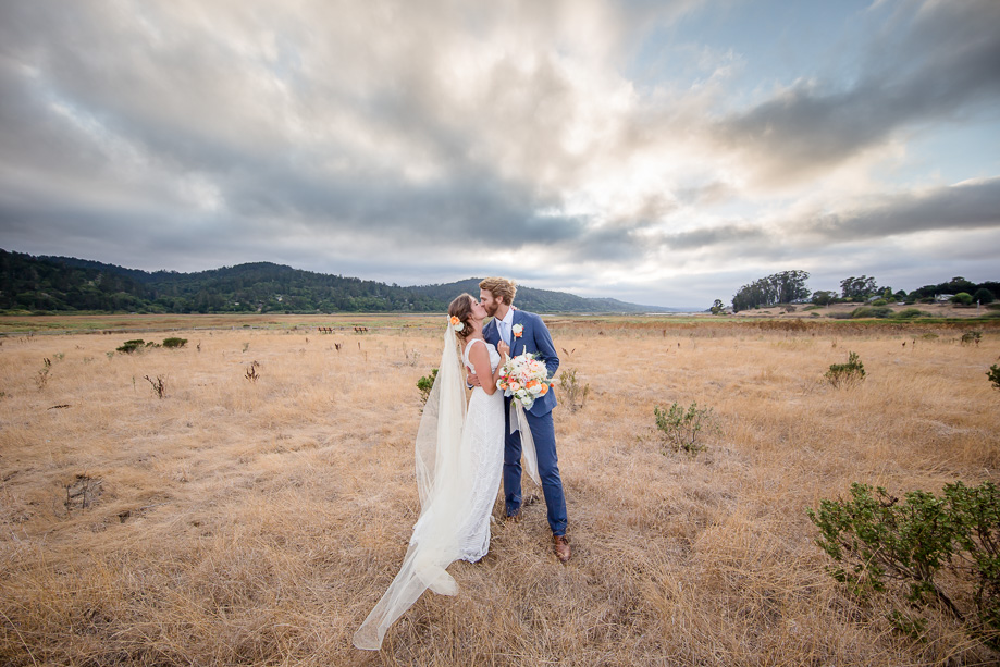 stunning rustic California Point Reyes wedding - sheath lace wedding gown with ivory chapel length veil in an open field