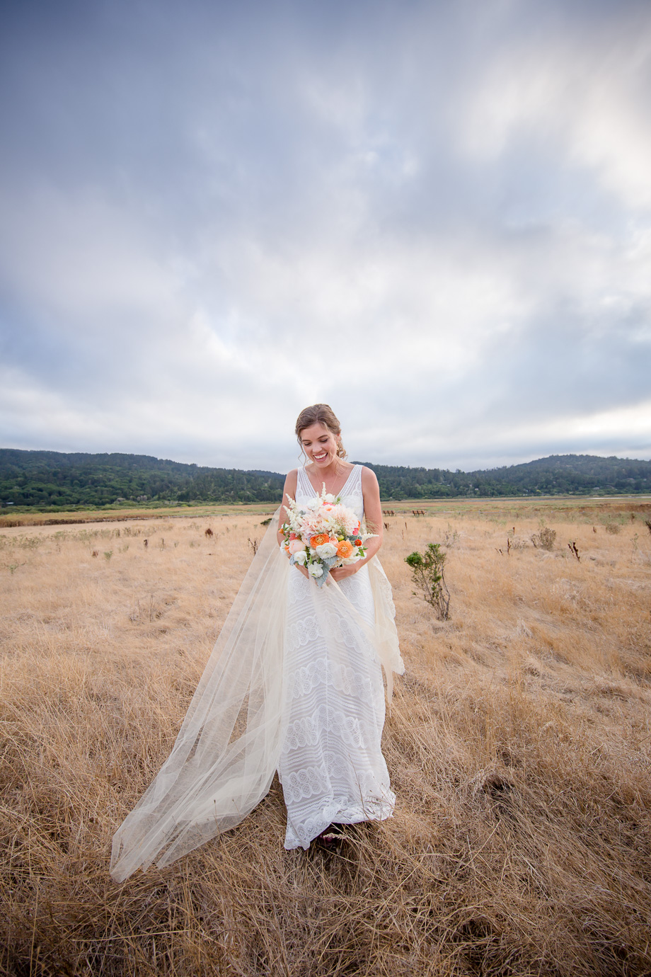 lush wedding bouquet, romantic sheath lace wedding gown with ivory chapel length veil - California Point Reyes Station wedding photographer
