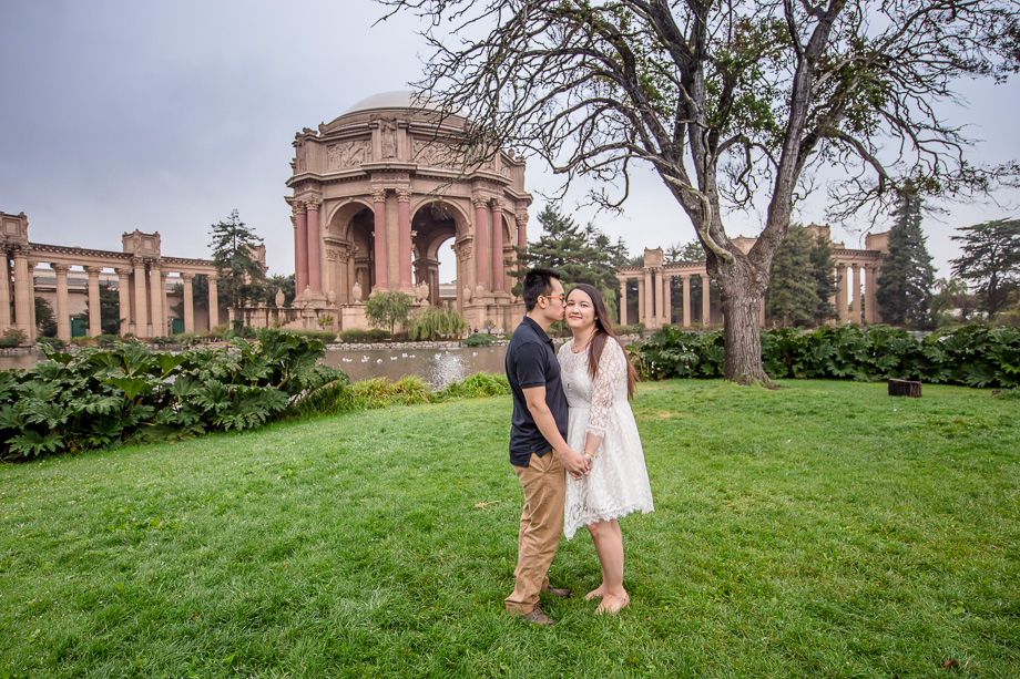 engagement photo with palace of fine arts as background
