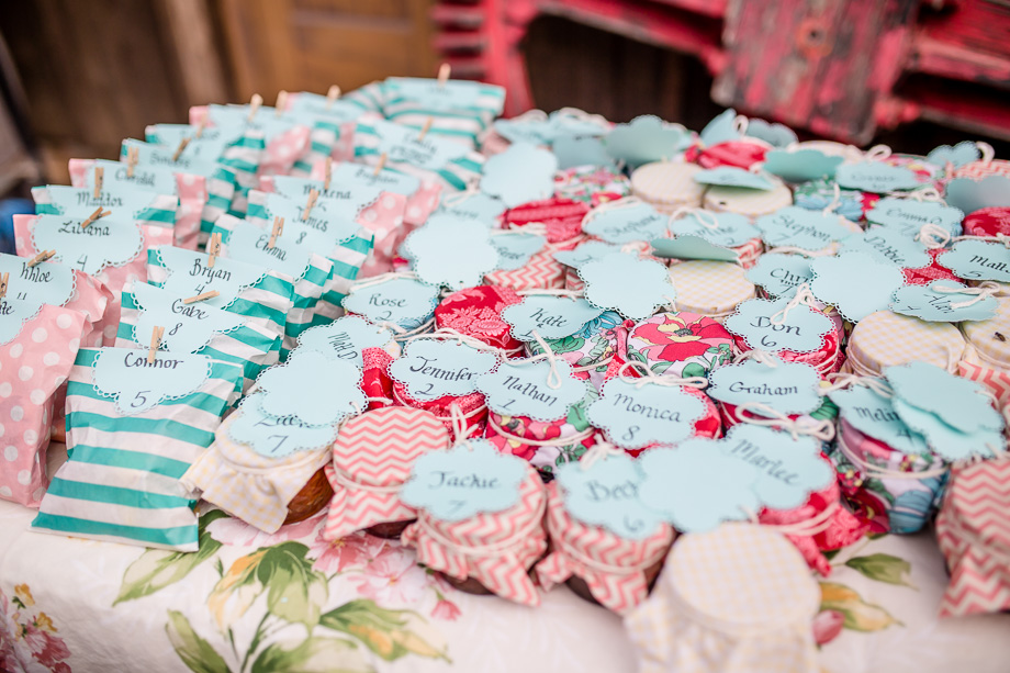 pink and baby blue homemade jam and cookies DIY wedding favor idea